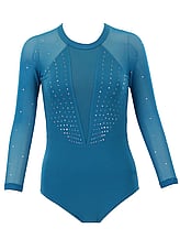 Long sleeve Gymnastics Leotard with the right sleeve White and left sleeve in Royal with Turquoise curls and leotard in Royal