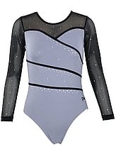 Long sleeve Gymnastics Leotard with Sleeves and neck in Yellow decorated with a White curl swirl and bottom half of leotard in Gunmetal