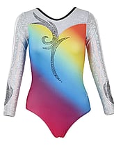 Long sleeve Gymnastics Leotard with Sleeves and neck in Yellow decorated with a White curl swirl and bottom half of leotard in Gunmetal