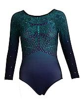 Long sleeve Gymnastics Leotard with Black curls on left side of leotard and full Turquoise