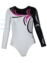 Long sleeve Gymnastics Leotard with the right sleeve White and left sleeve in Royal with Turquoise curls and leotard in Royal