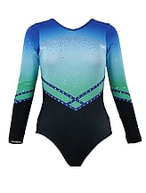 Long sleeve Gymnastics Leotard with Sleeves and neck in Yellow decorated with a White curl swirl and bottom half of leotard in Gunmetal