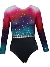 Long sleeve Gymnastics Leotard with Sleeves and neck in Yellow decorated with a White curl swirl and bottom half of leotard in Gunmetal
