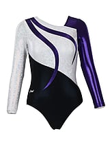 Long sleeve Gymnastics Leotard with Sleeves and neck in Yellow decorated with a White curl swirl and bottom half of leotard in Gunmetal