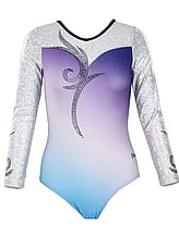 Long sleeve Gymnastics Leotard with Sleeves and neck in Yellow decorated with a White curl swirl and bottom half of leotard in Gunmetal
