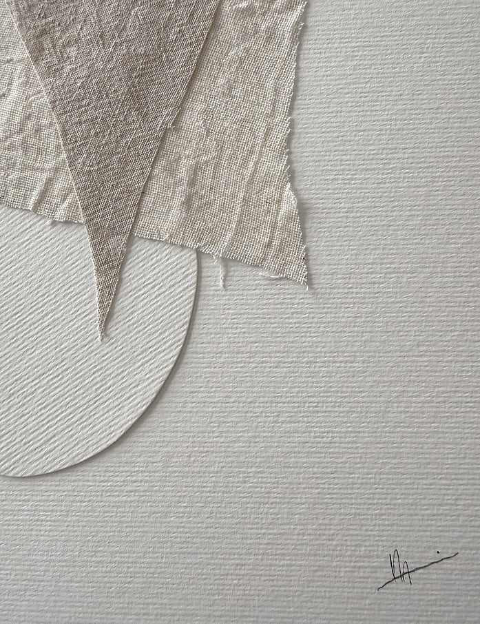 Fabriano paper with visible texture, soft frayed edges and handwritten artist signature lower right corner