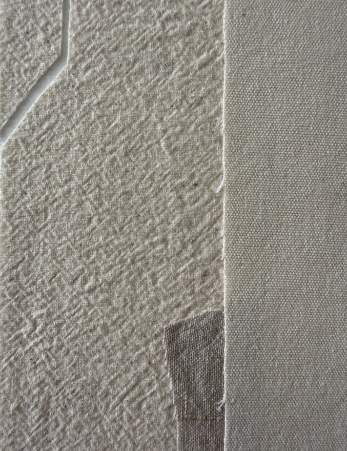 layered linen fabrics on Fabriano paper, showing linen weave, cut-out detail, texture and soft frayed edges