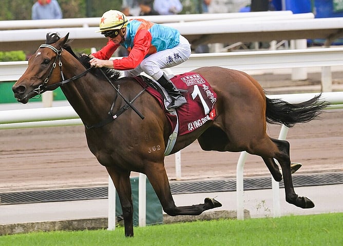 Ka Ying Rising winning the Gr.1 Chairman's Sprint Prize at Sha Tin on Sunday.  - Photo: HKJC
