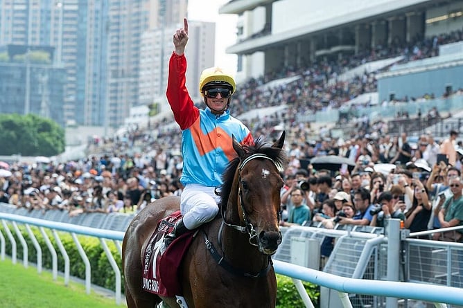 Zac Purton celebrates G1 Chairman&rsquo;s Sprint Prize victory.  - Photo: Hong Kong Jockey Club