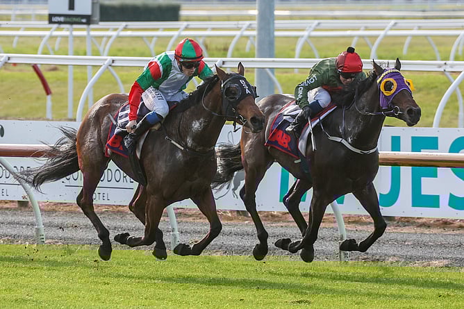 Inflamed (outside) winning the Gr.3 Daphne Bannan Memorial Great Easter Stakes (1400m).  - Photo: Race Images South